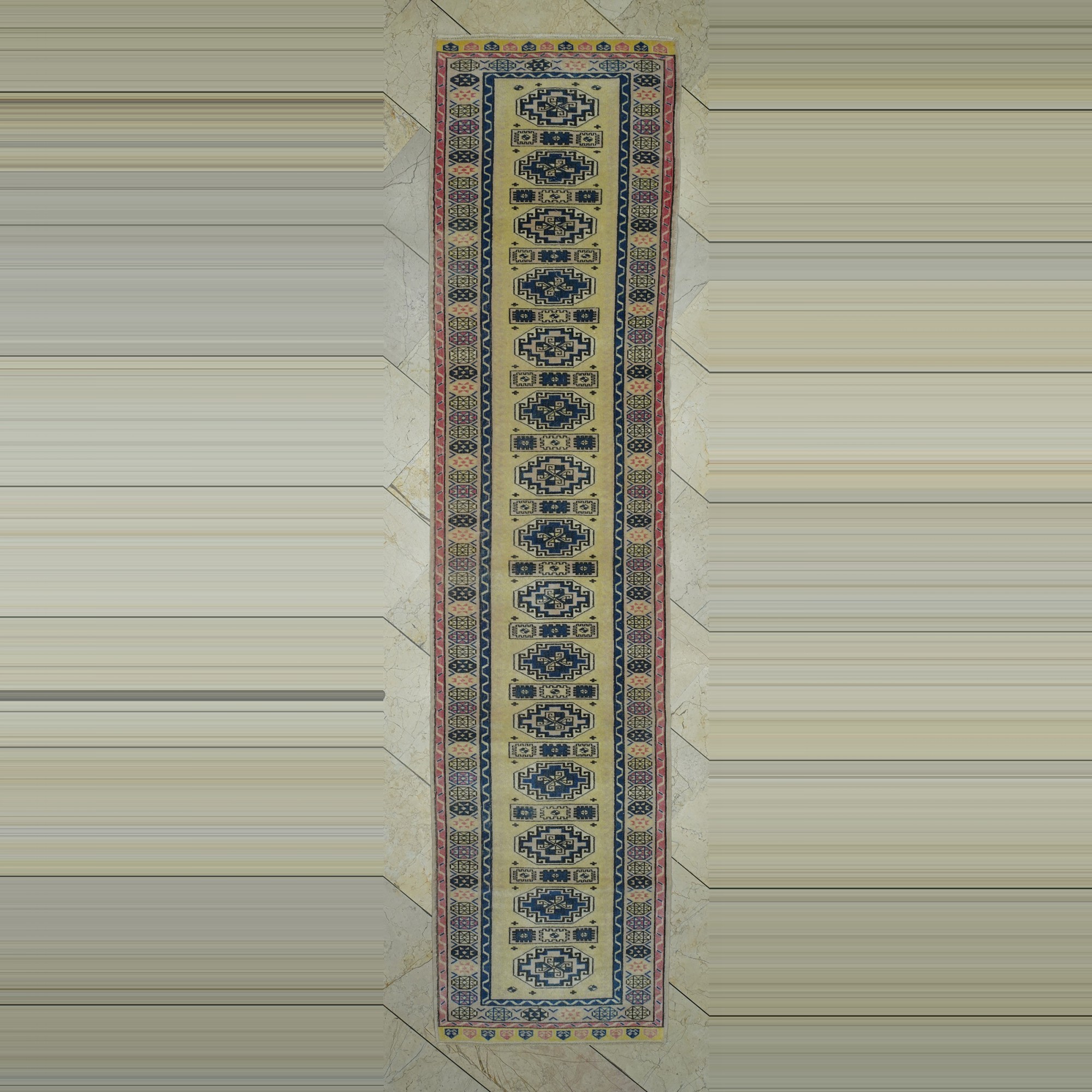 2.5x10 Yellow Blue Wool Oushak Rug Runner 75,309 - Turkish Rug Runner
