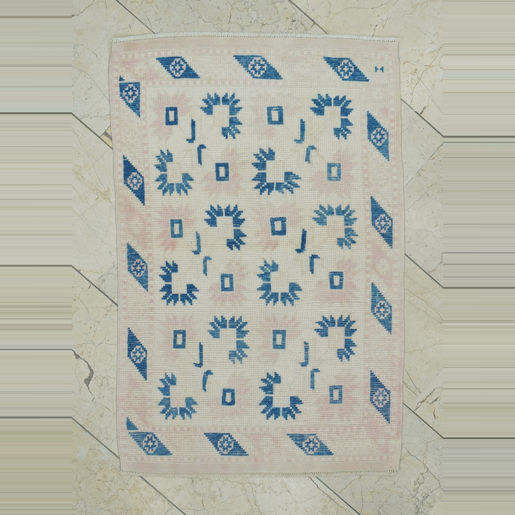 2.5x4 Blue Pink Small Size Oushak Carpet Rug 76,116 - Turkish Carpet Rug