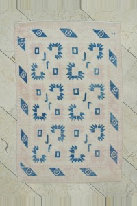 2.5x4 Blue Pink Small Size Oushak Carpet Rug 76,116 - Turkish Carpet Rug  $i