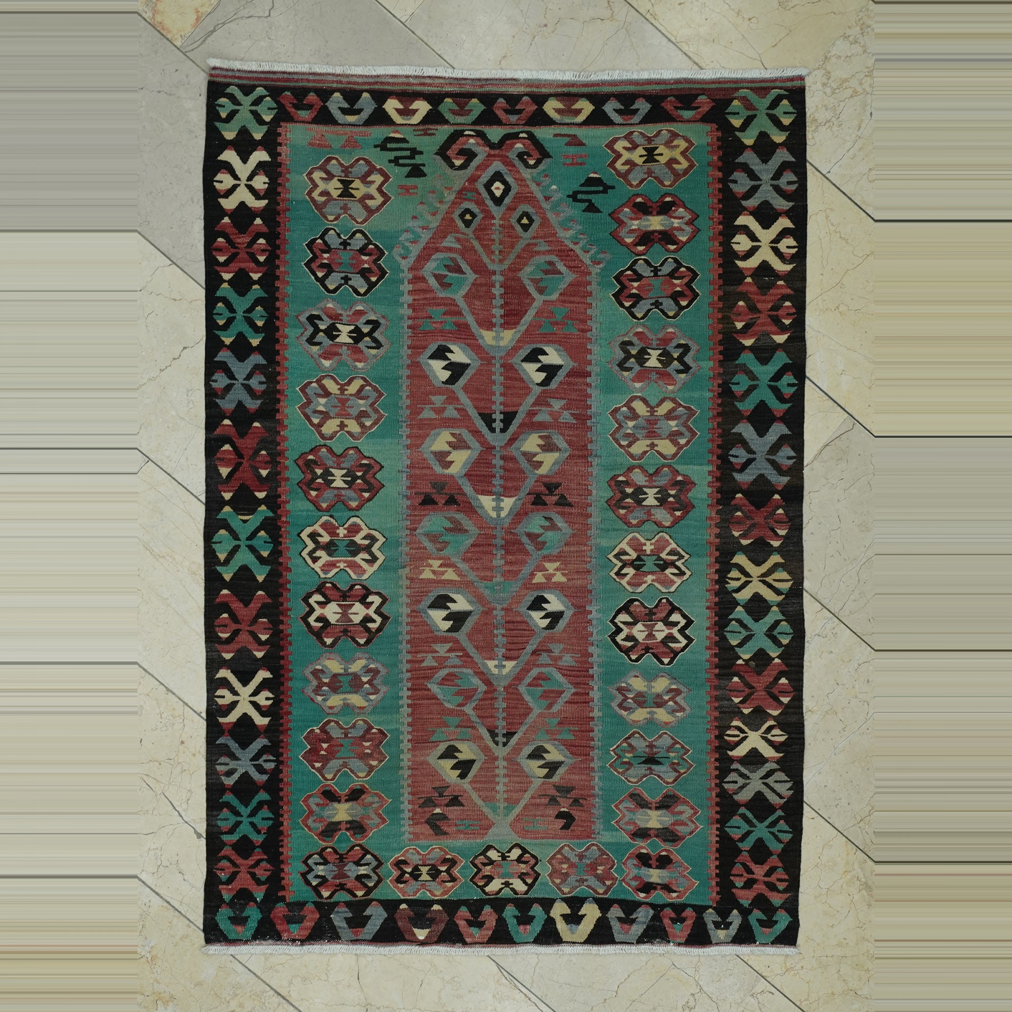 4x5 Old Flat Weave Esme Kilim Rug 112,163 - Turkish Kilim Rug