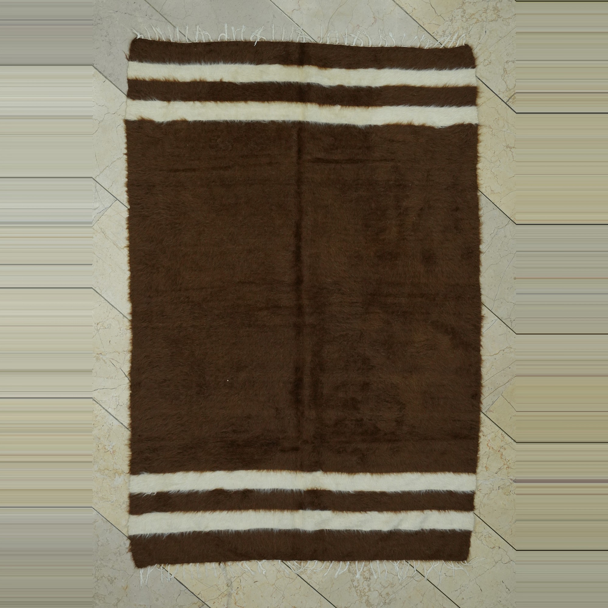 4x6.5 Brown And White Siirt Blanket Kilim Rug 130,192 - Turkish Natural Rug