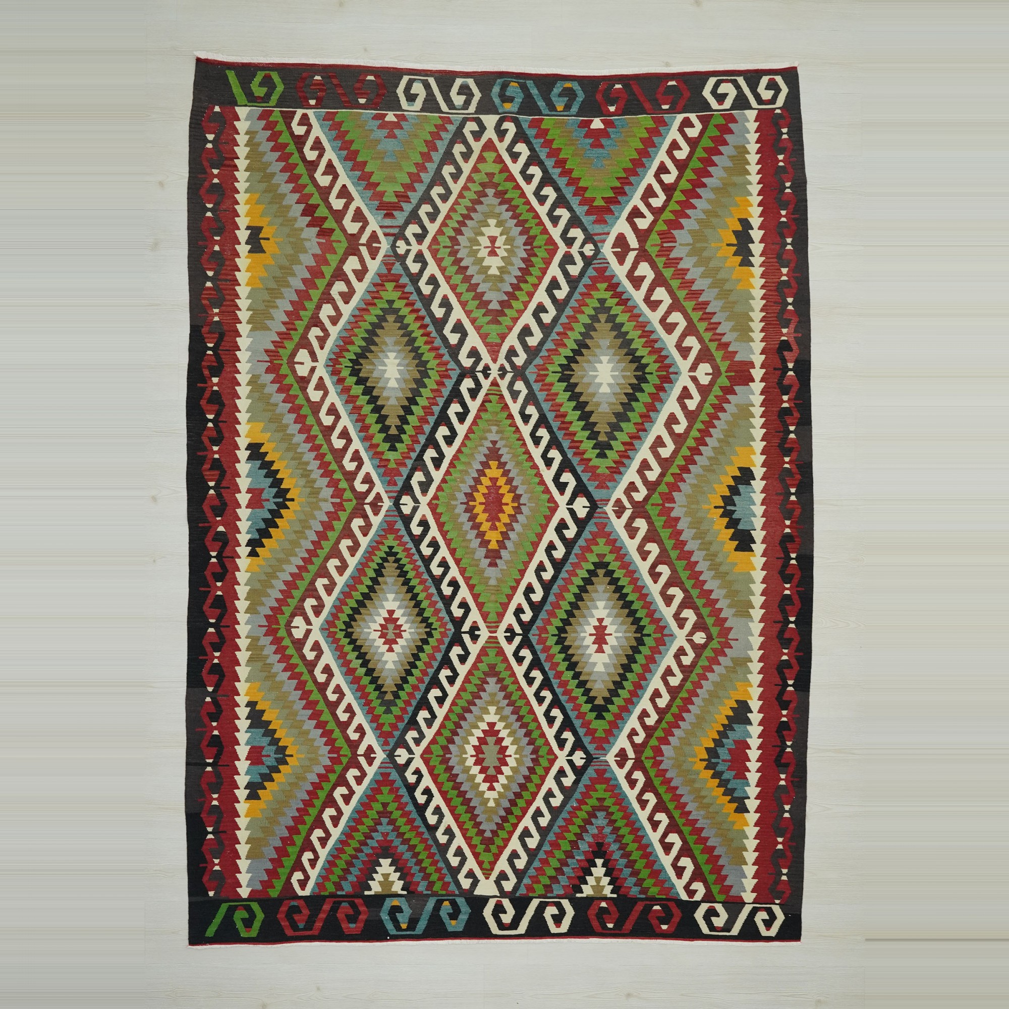 6.5x9 Green Old Turkish Manisa Kula Kilim Rug. 197,272 - Turkish Kilim Rug