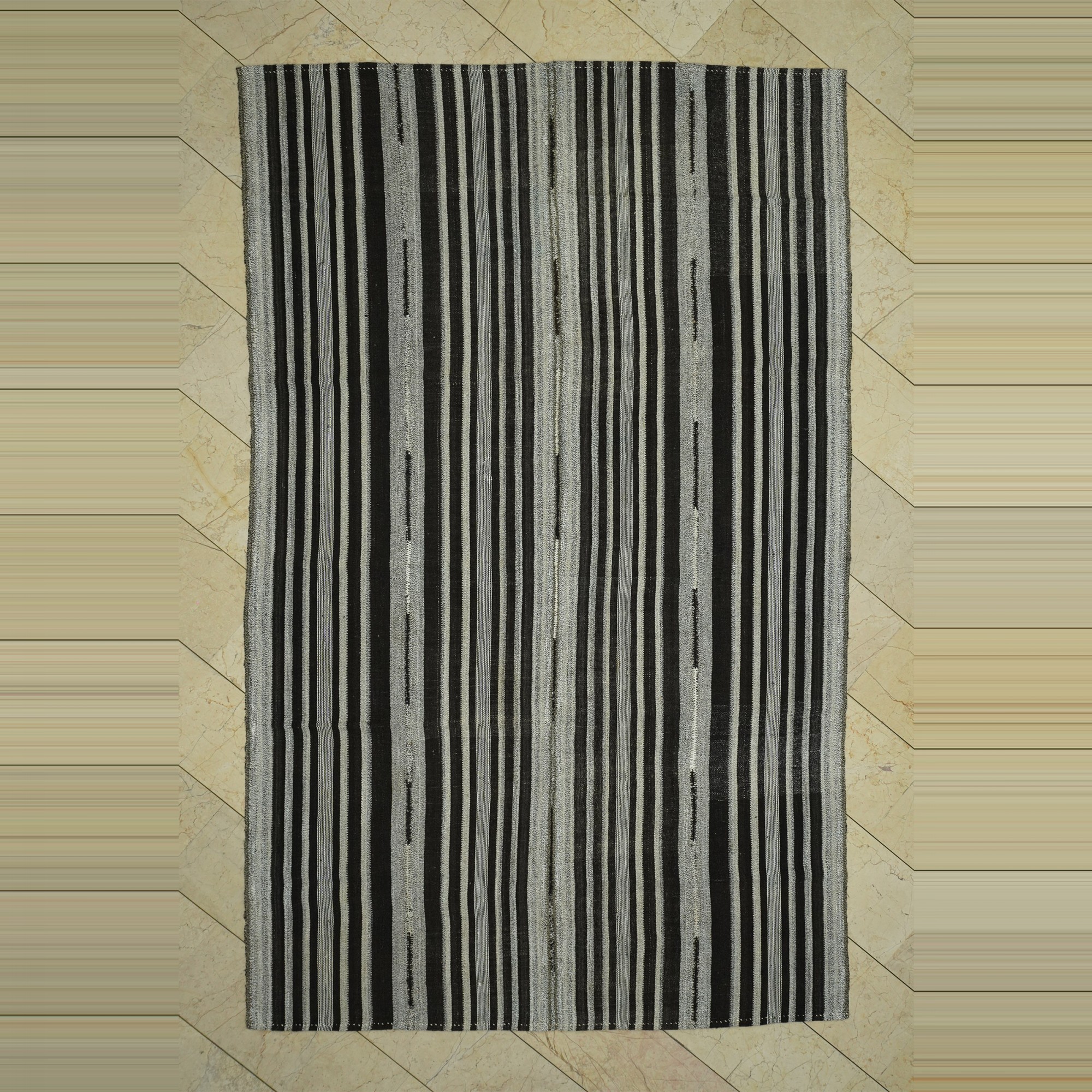 Black And Gray Stripe Turkish Kilim Rug 6x10 Feet  193,314 - Grey Turkish Rug