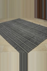 Black And White Striped Gray Kilim Rug 7x10 Feet  222,310 - Grey Turkish Rug  $i