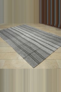 Black And White Striped Turkish Gray Kilim Rug 7x10 Feet 210,310 - Grey Turkish Rug $i
