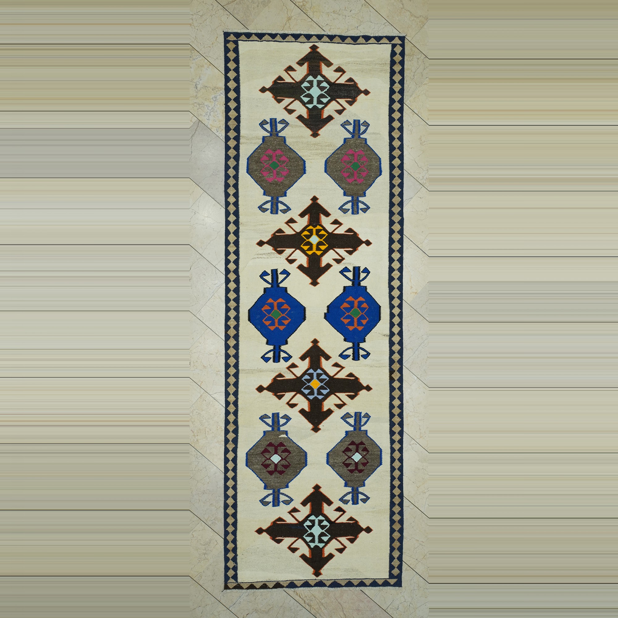 Blue Brown Kilim Rug Runner 4x11 Feet 110,340 - Turkish Rug Runner