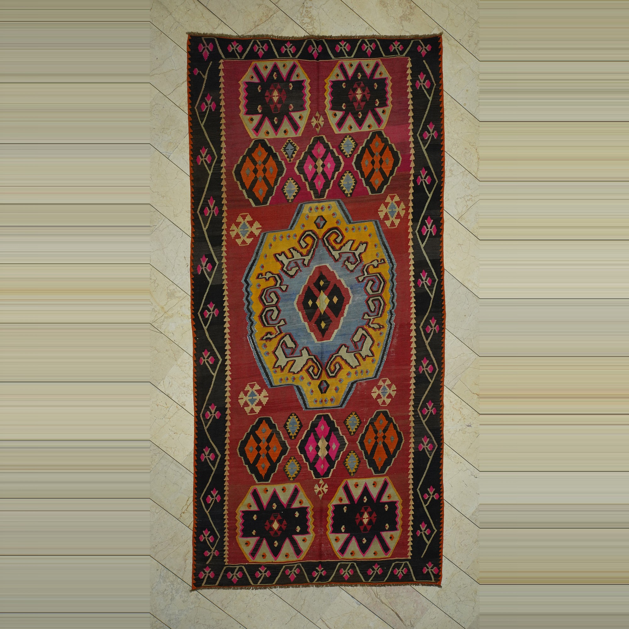 Blue Yellow Turkish Long Kilim Rug 6x12 Feet  176,375 - Turkish Kilim Rug