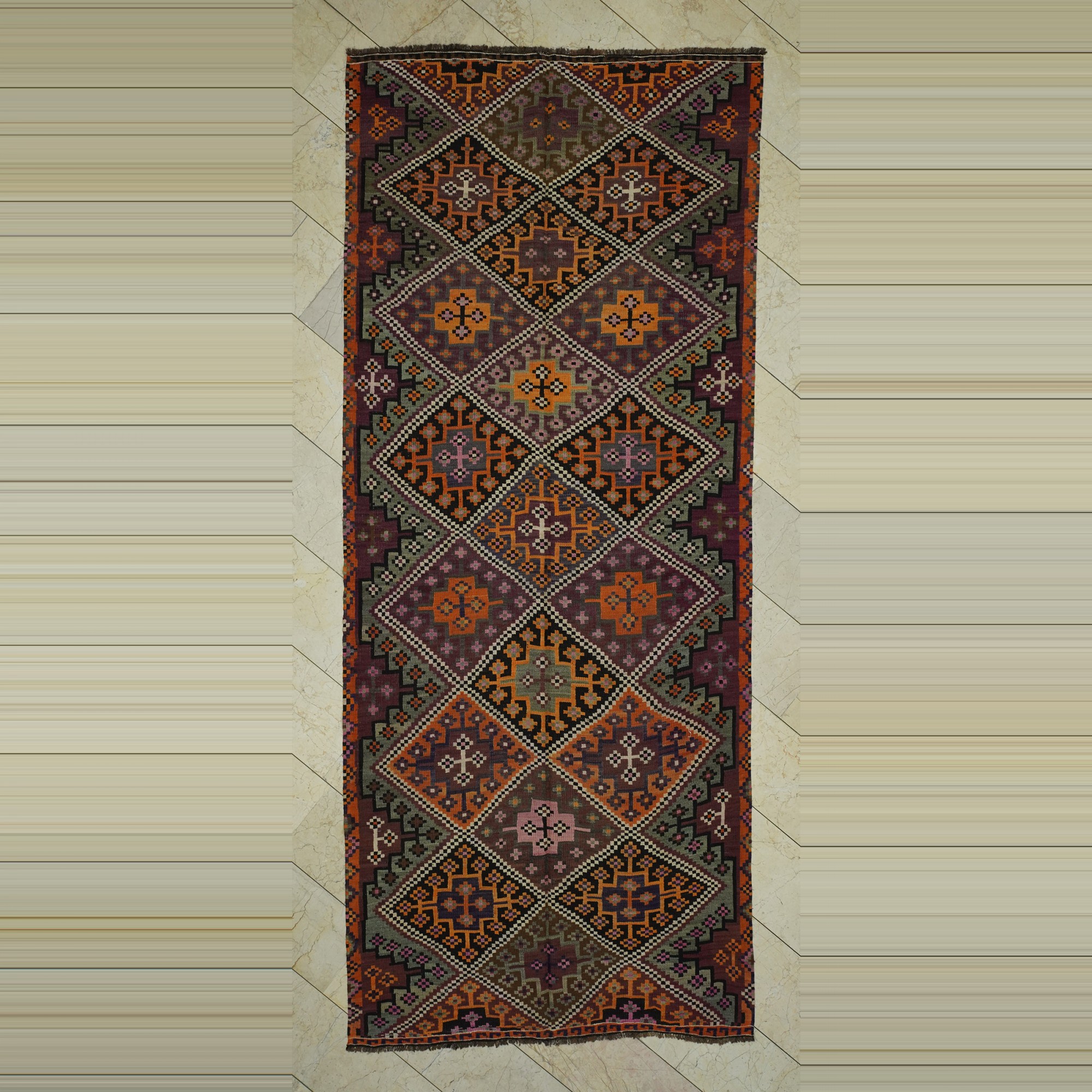 Brown Orange Kars Turkish Kilim Rug 5x12  152,356 - Turkish Kilim Rug