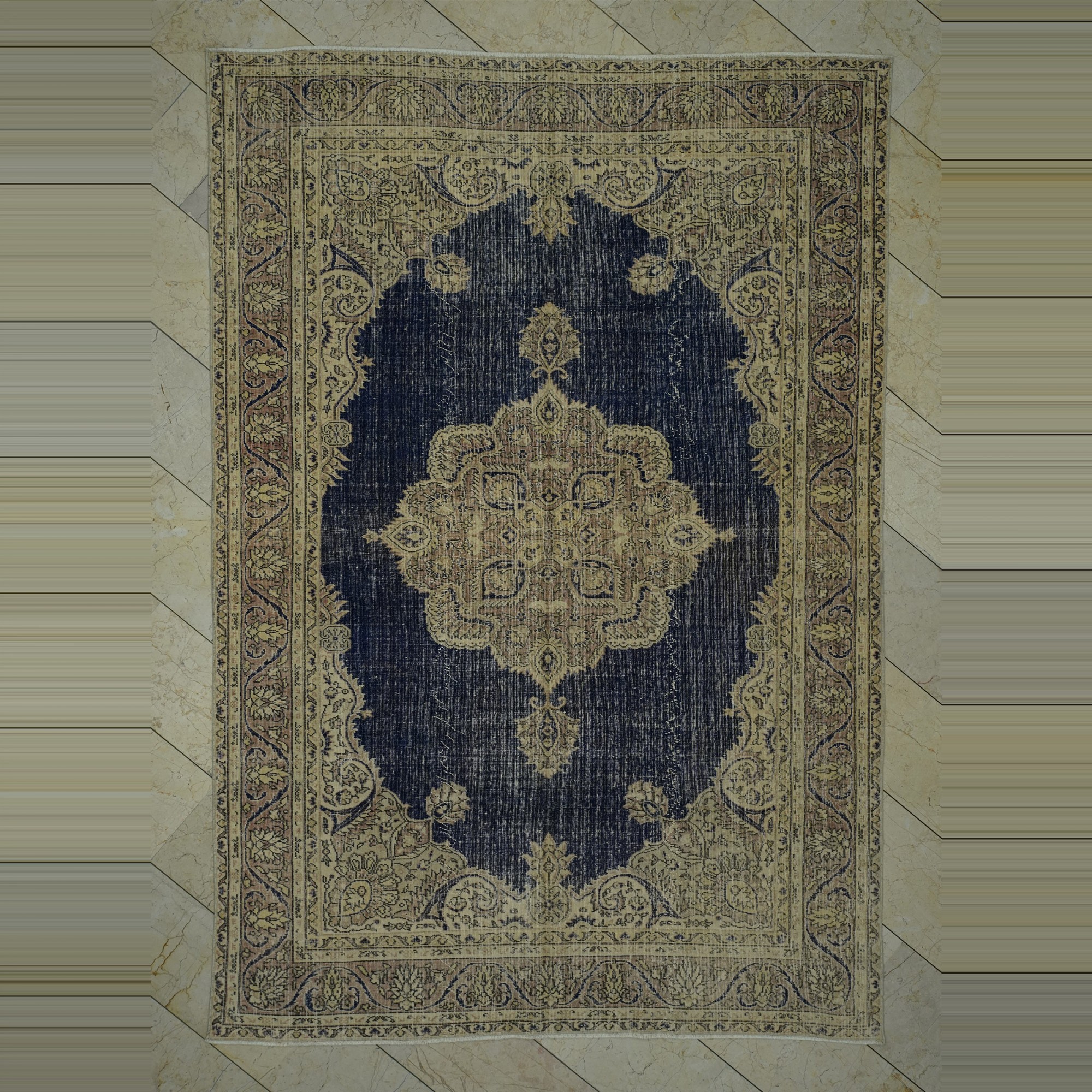 Cevheri Tebriz Pattern Navy Blue Oushak Rug 6x10 Feet 196,290 - Oushak Rug