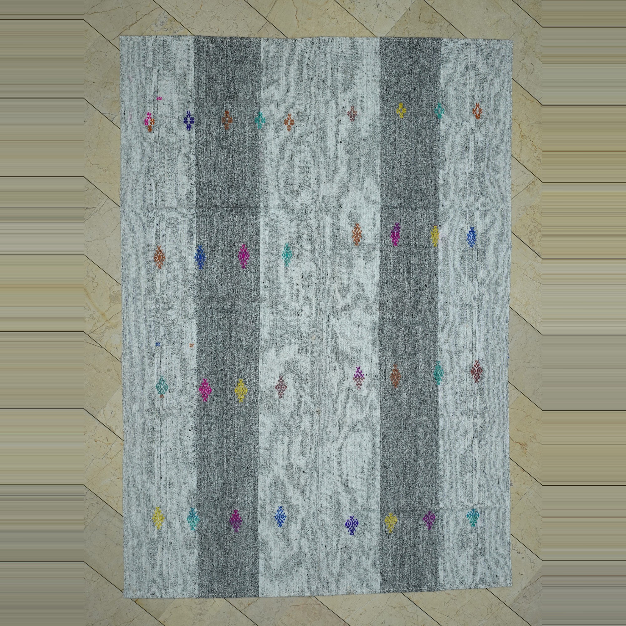 Colorful Embrodiery on Grey Kilim 7x10 Feet 203,294 - Grey Turkish Rug