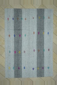 Grey Turkish Rug Colorful Embrodiery on Grey Kilim 7x10 Feet 203,294