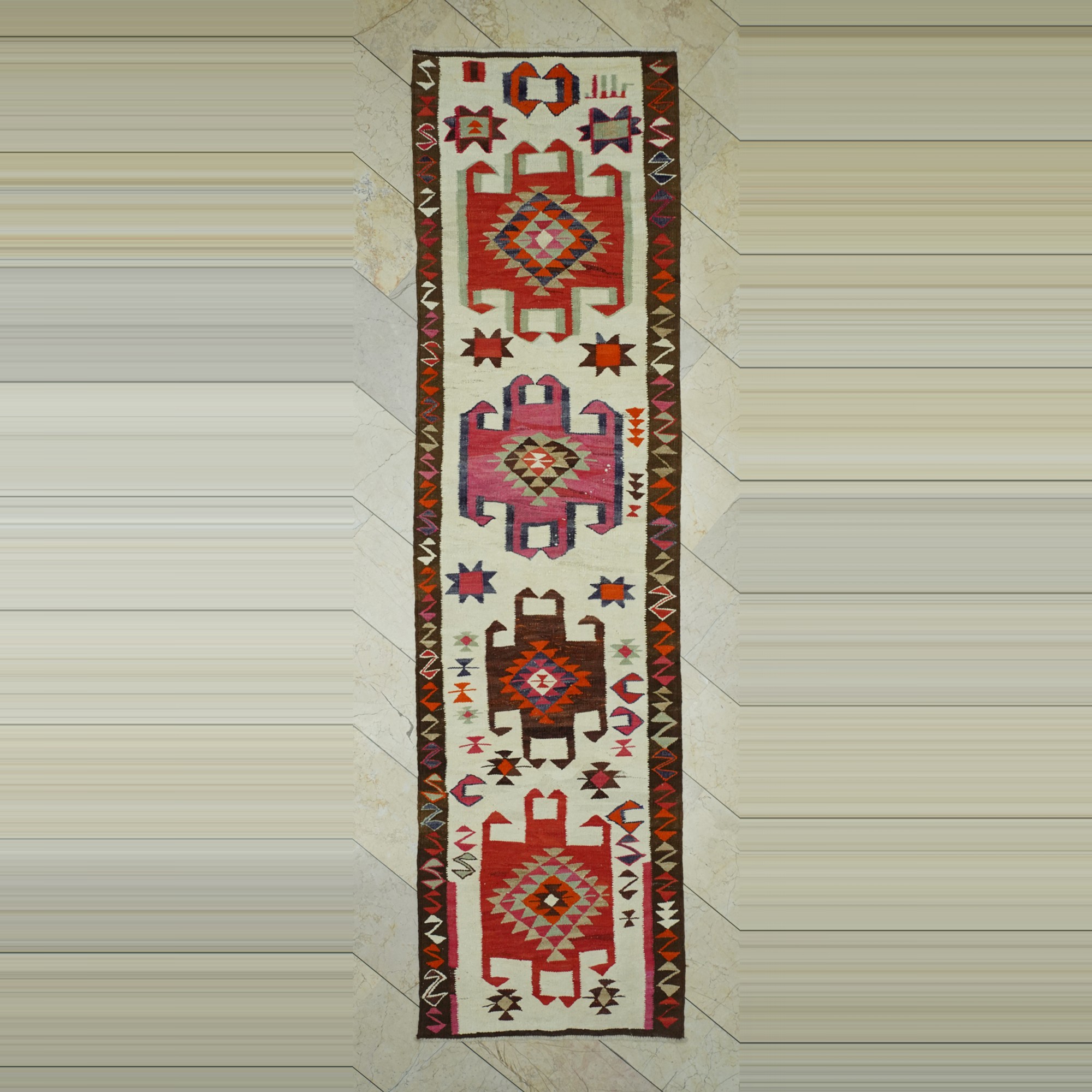Cream Pink Turkish Kilim Rug Runner 3x11 Feet  93,345 - Turkish Rug Runner