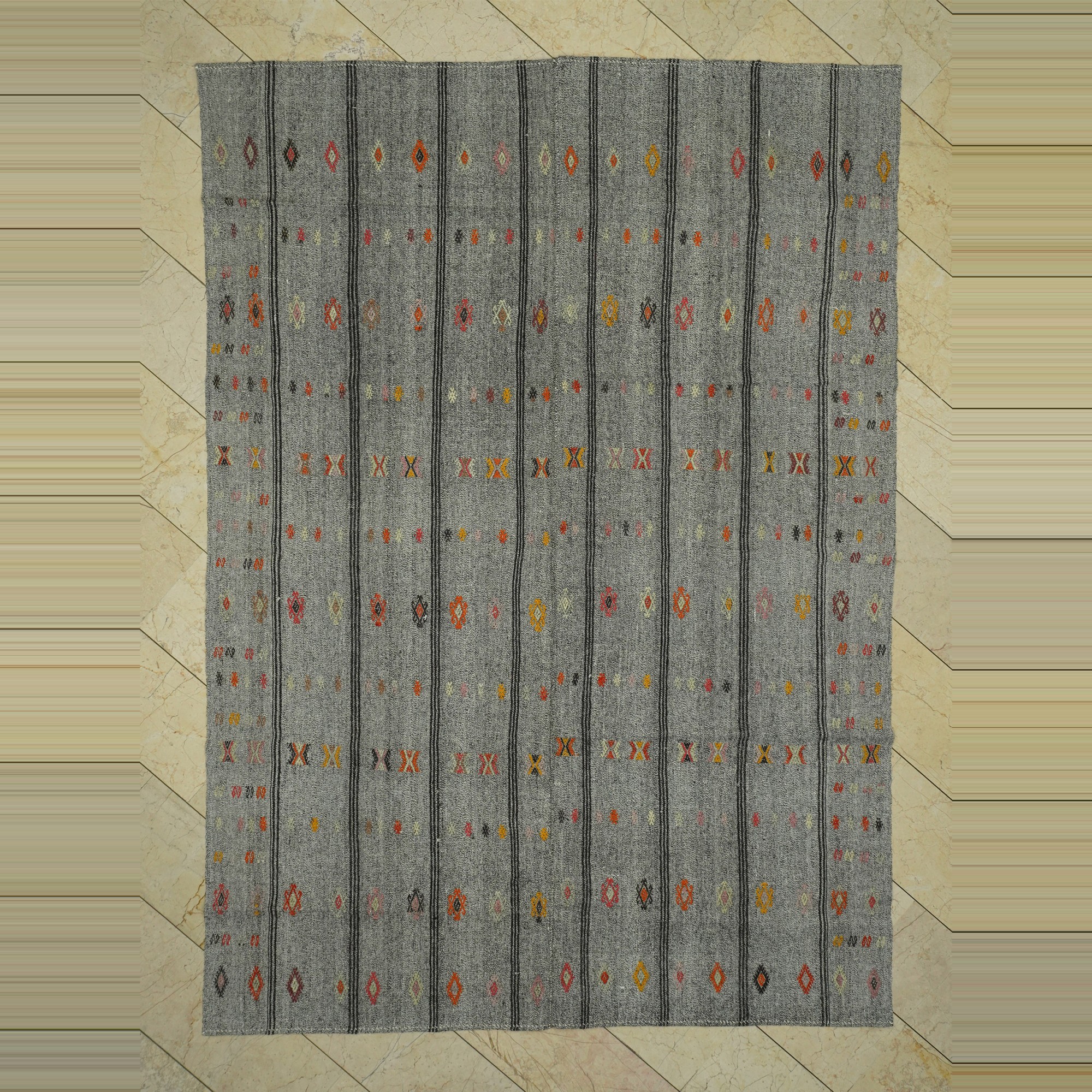 Embroidered Gray Kilim Rug 7x10 Feet 208,296 - Grey Turkish Rug