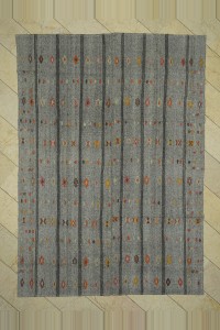 Grey Turkish Rug Embroidered Gray Kilim Rug 7x10 Feet 208,296