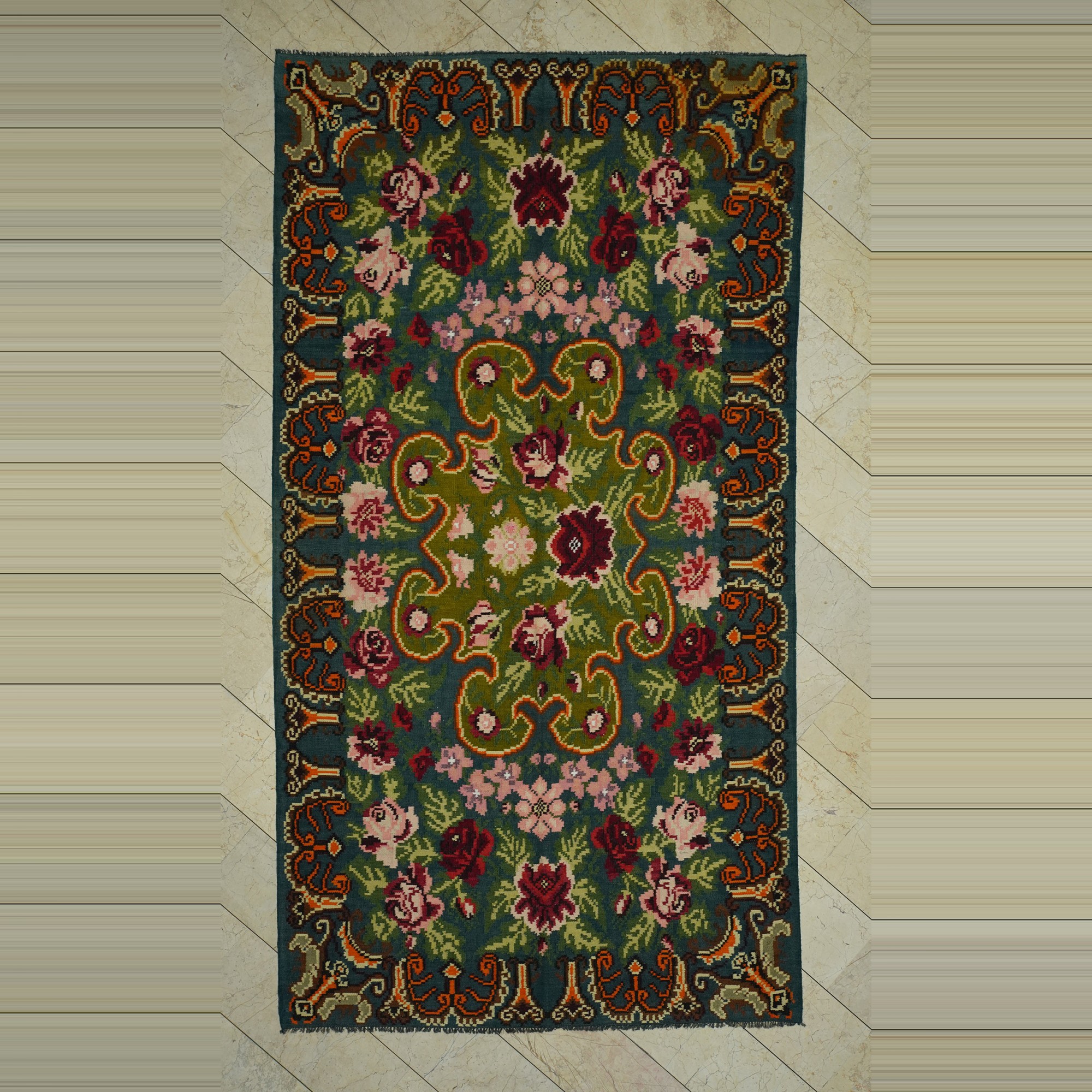 Flower Pattern Moldavia Kilim Rug 6x12 192,355 - Turkish Kilim Rug