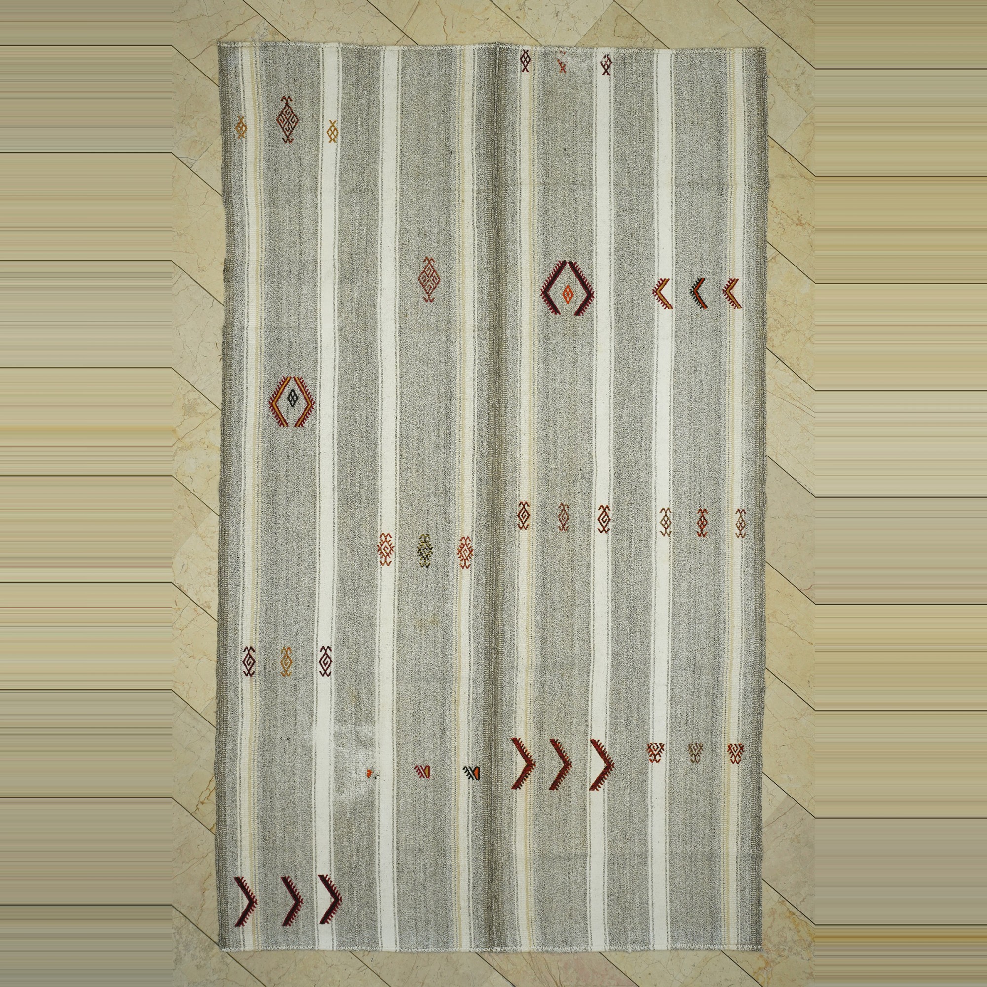 Gray White Striped Kilim Rug 7x11 Feet  204,345 - Grey Turkish Rug