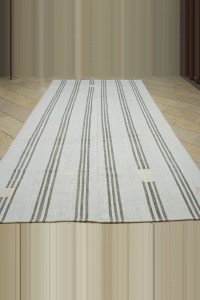 Khaki Striped Grayish White Turkish Kilim Rug 7x12 200,366 - Grey Turkish Rug $i