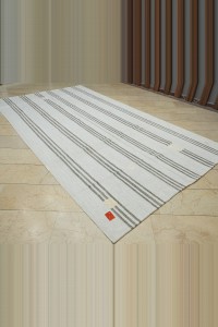 Khaki Striped Grayish White Turkish Kilim Rug 7x12 200,366 - Grey Turkish Rug $i