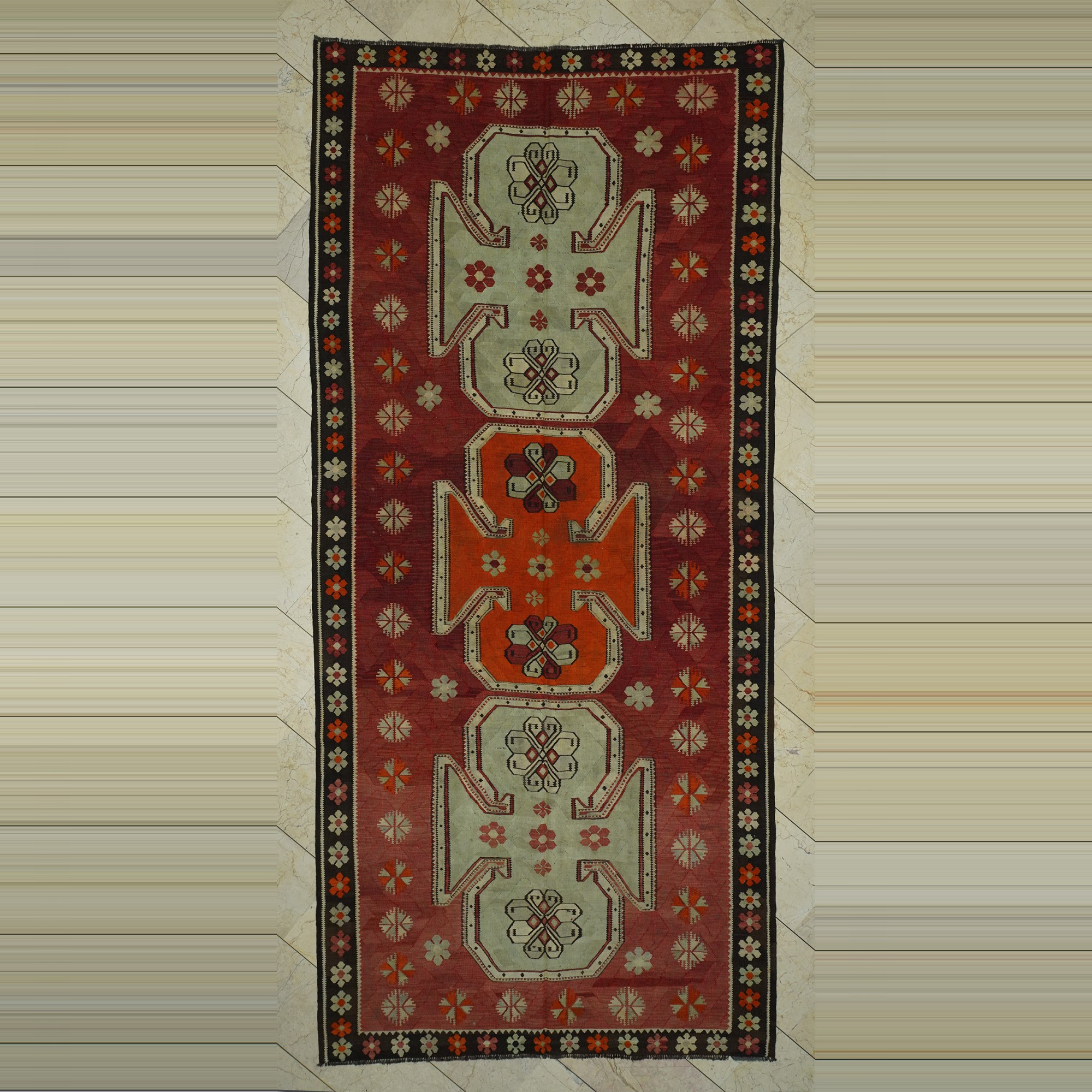 Old Antique Kars Kilim Rug 6x12 166,362 - Turkish Kilim Rug