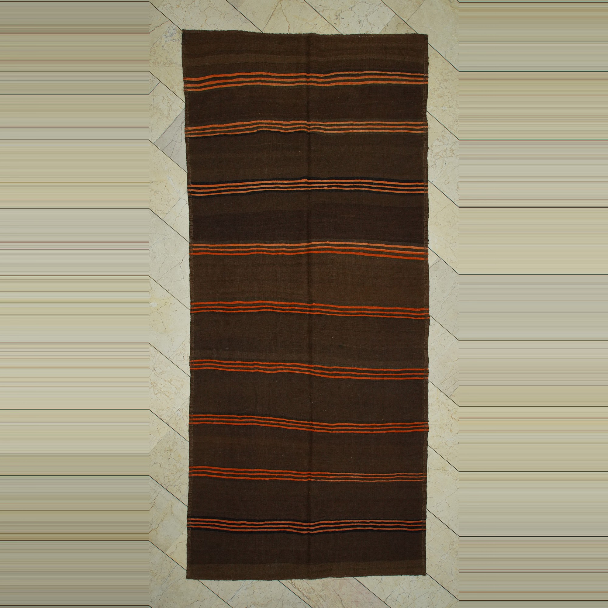 Orange Striped Brown Kilim Rug 5x11 Feet  143,326 - Turkish Natural Rug