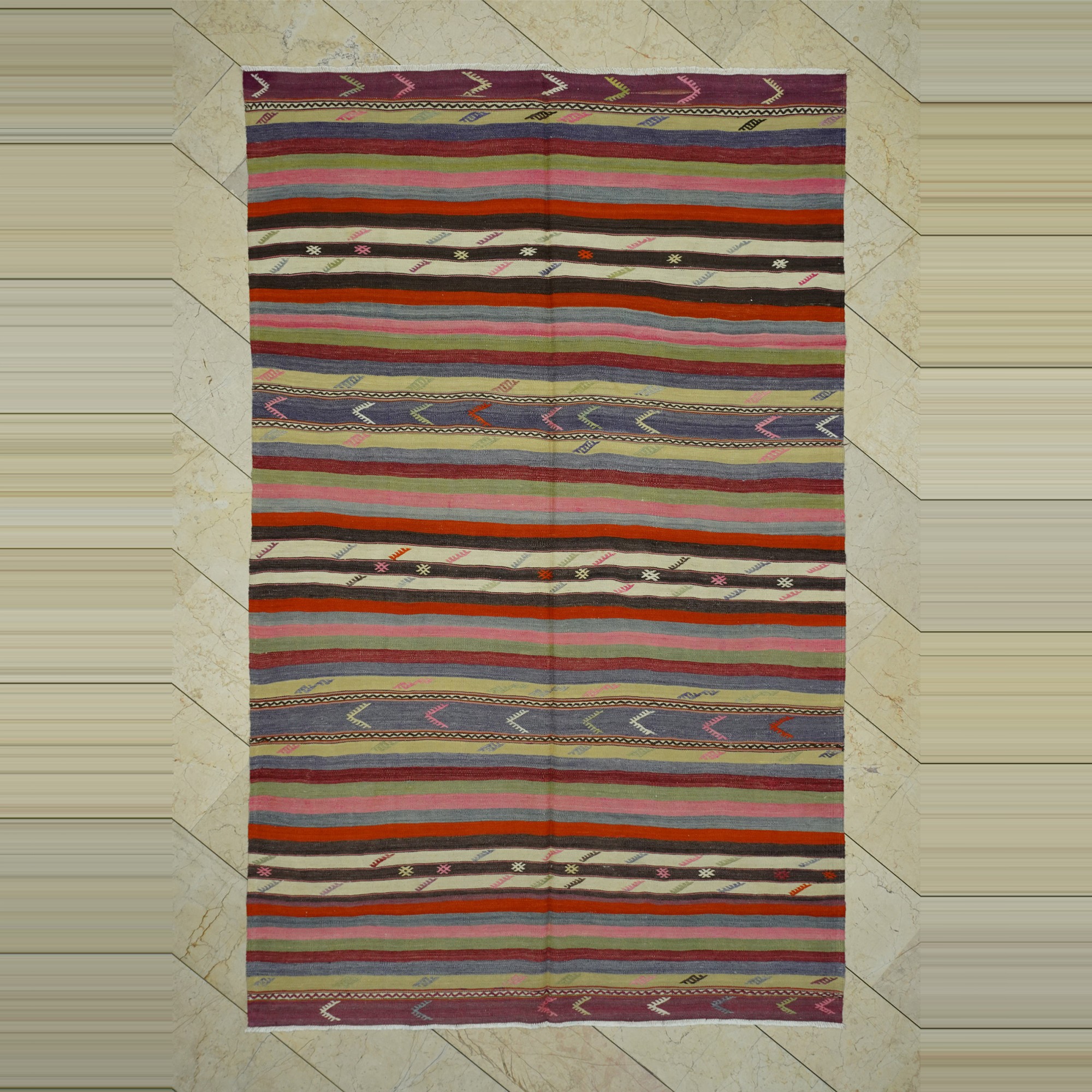 Pink Striped Turkish Kilim Rug 6x9 Feet  177,288 - Turkish Kilim Rug