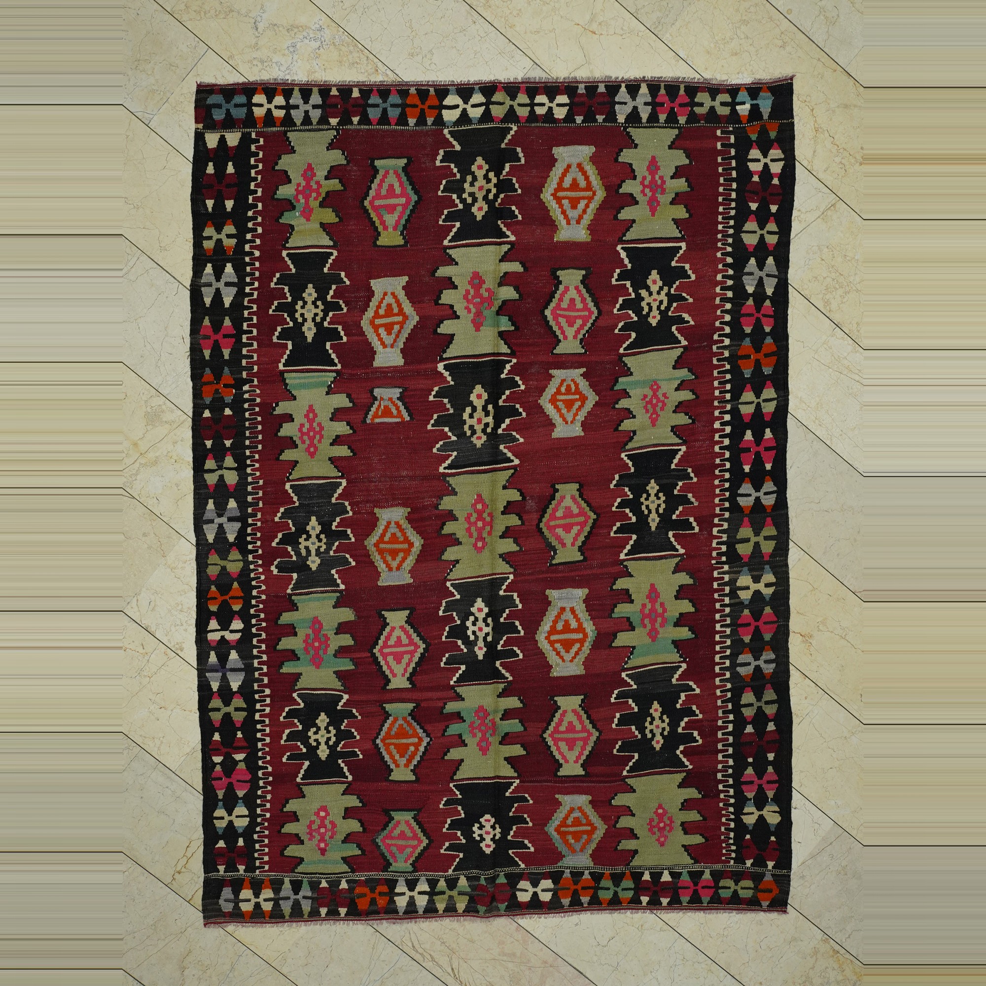 Red Green Turkish Kilim Rug 6x9 Feet  194,270 - Turkish Kilim Rug
