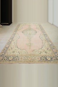 Salmon Pink Blue Vintage Oushak Carpet Rug 7x12 Feet 200,358 - Oushak Rug $i