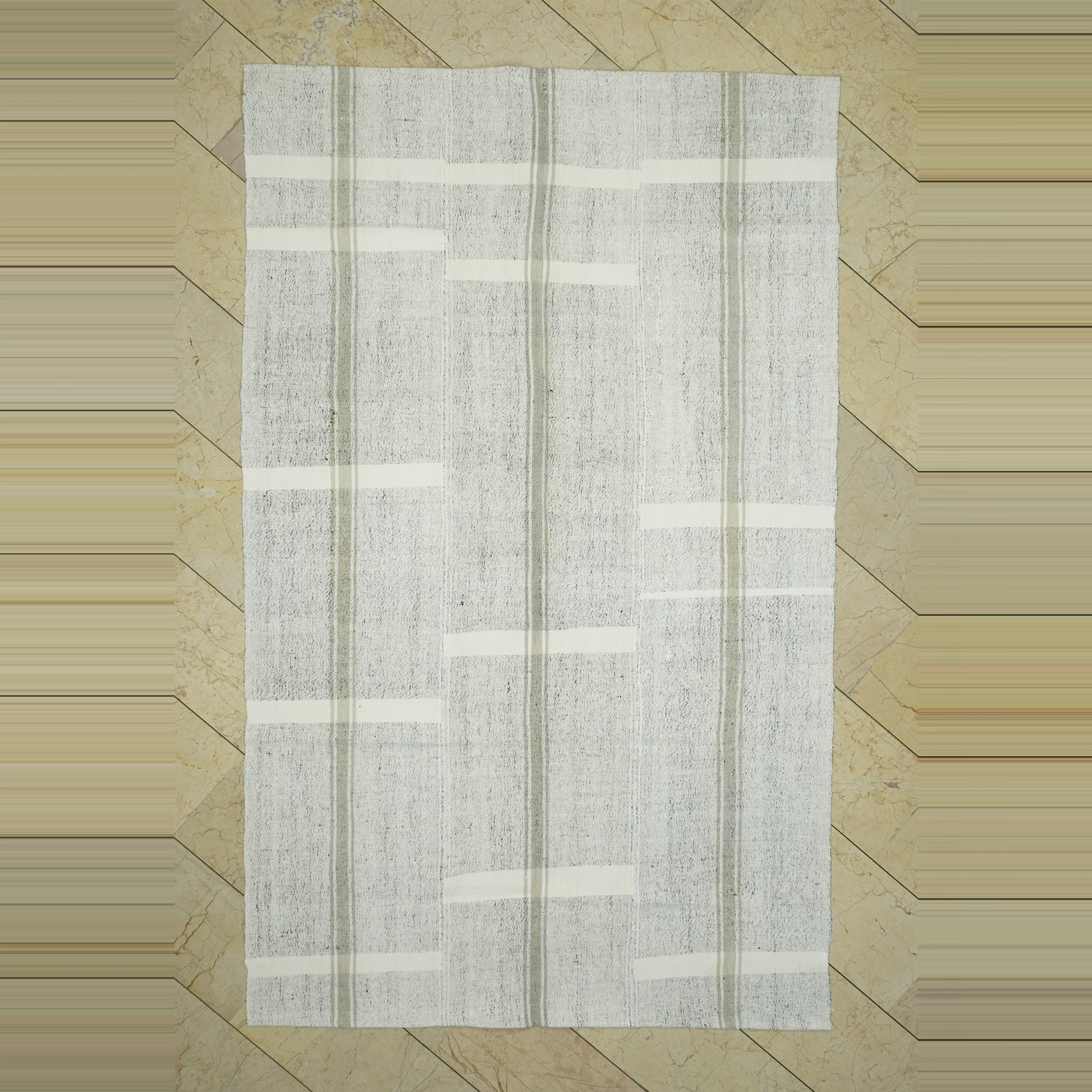 Secret White Striped Turkish Cotton Kilim Rug 5x9  166x276 - Grey Turkish Rug