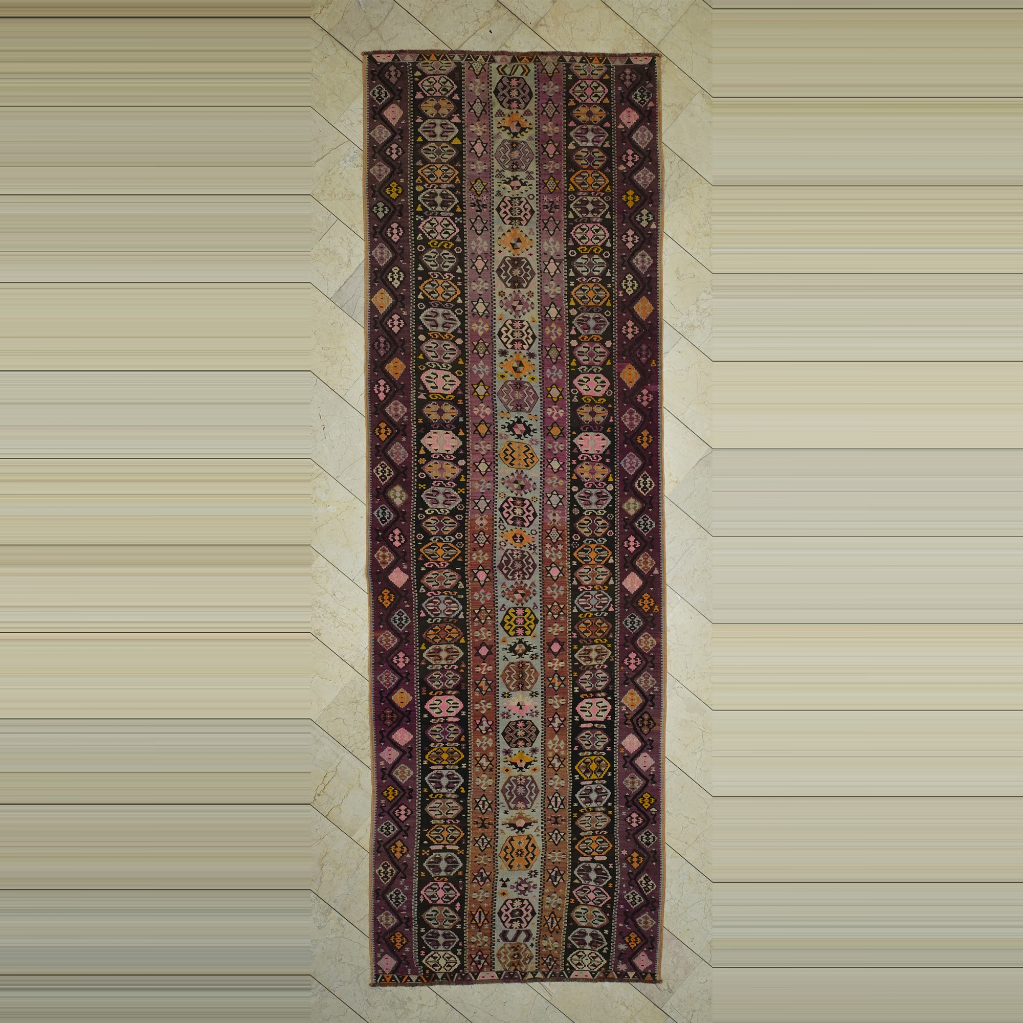 Semi Old Wide And Long Kars Kilim Rug Runner 4x14 135,421 - Turkish Rug Runner