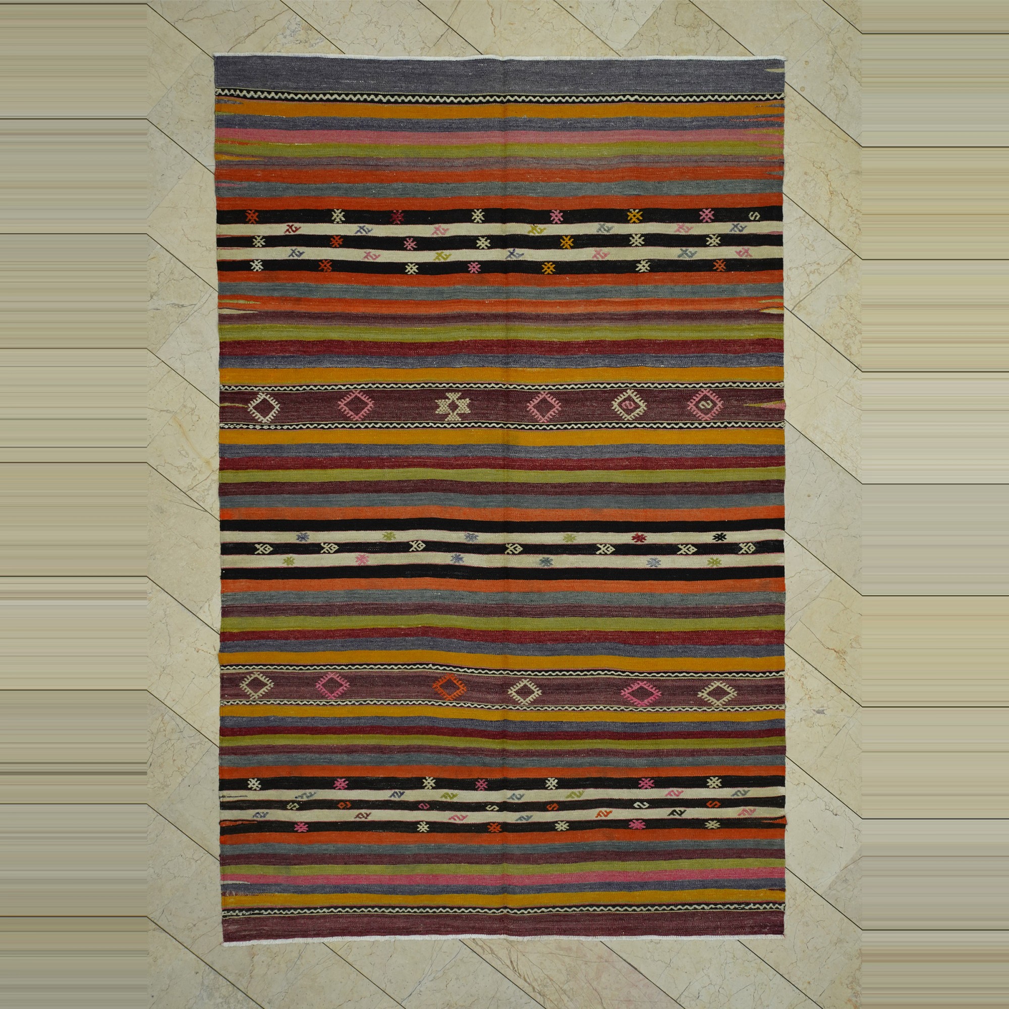 Striped Turkish Denizli Kilim Rug 7x10 Feet 197,308 - Turkish Kilim Rug