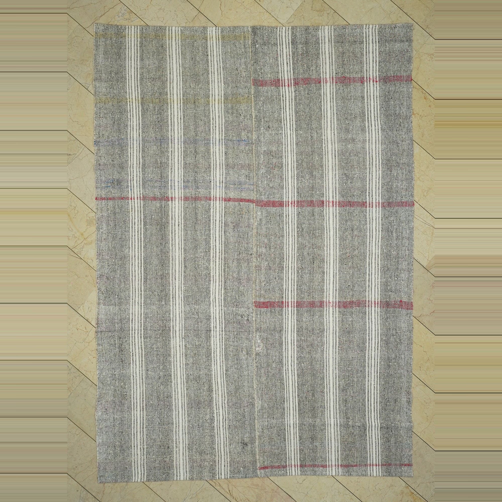 White And Red Stripe Turkish Gray Rug 7x10 Feet  227,315 - Grey Turkish Rug