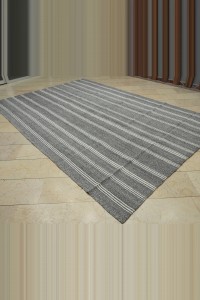 White Striped Gray Turkish Kilim Rug 8x11 Feet  227,338 - Grey Turkish Rug  $i