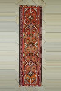 Turkish Rug Runner 3.3x12 Wool Turkish Orange Kilim Rug Runner 100,360