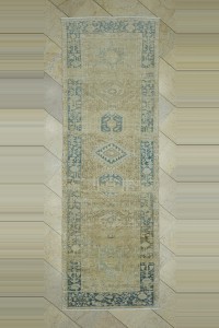 Turkish Rug Runner 3x10 Vintage Blue Beige Persian Rug Runner 100,310