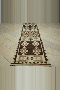 3x11 Brown Cream Wool Kilim Rug Runner 97,330 - Turkish Rug Runner  $i