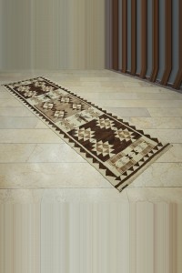 3x11 Brown Cream Wool Kilim Rug Runner 97,330 - Turkish Rug Runner  $i