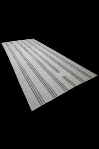 Khaki Striped Grayish White Turkish Kilim Rug 7x12 Feet  200,366 - Grey Turkish Rug  $i